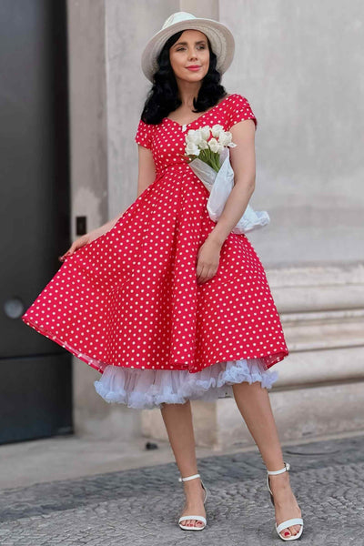 Lily Off-Shoulder 50's Polka Dot Swing Dress in Red/White
