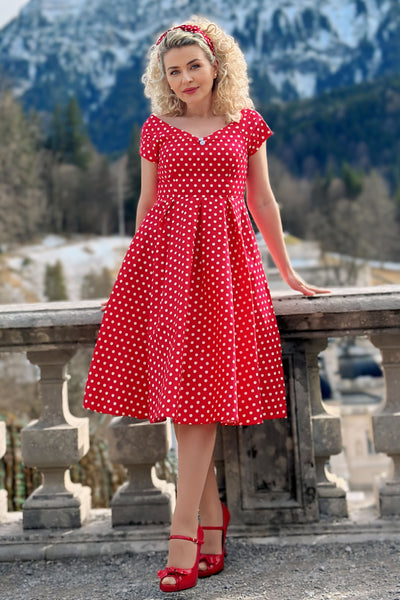 Off-Shoulder 50's Polka Dot Swing Dress in Red/White
