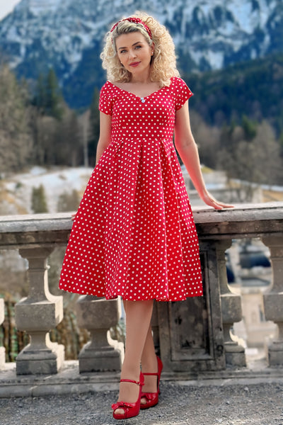 Off-Shoulder 50's Polka Dot Swing Dress in Red/White