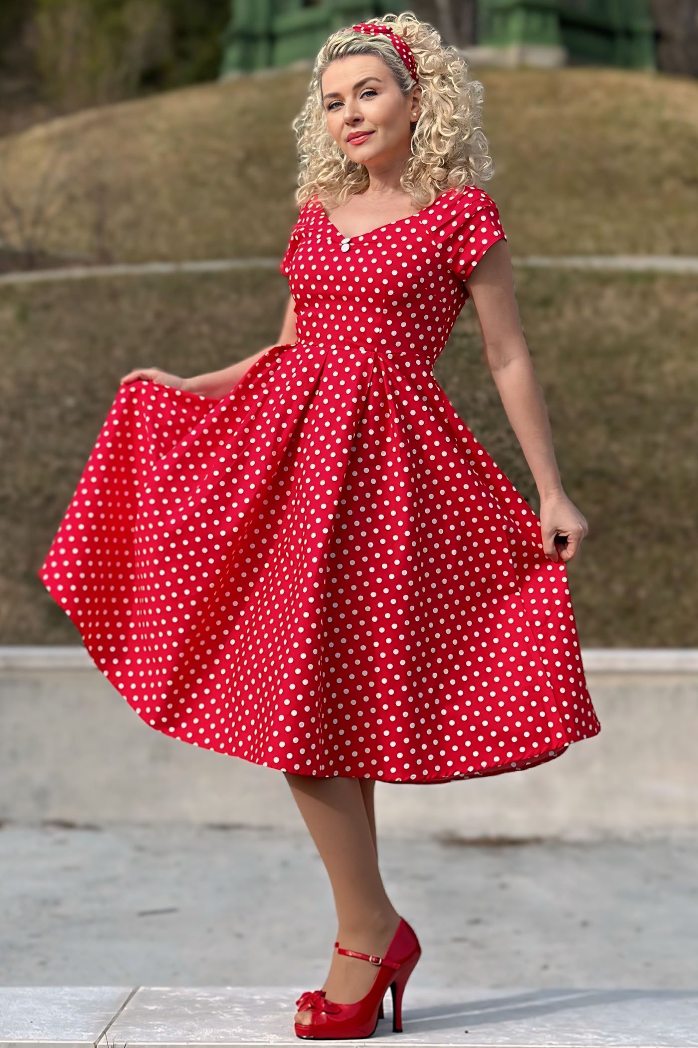 Off-Shoulder 50's Polka Dot Swing Dress in Red/White