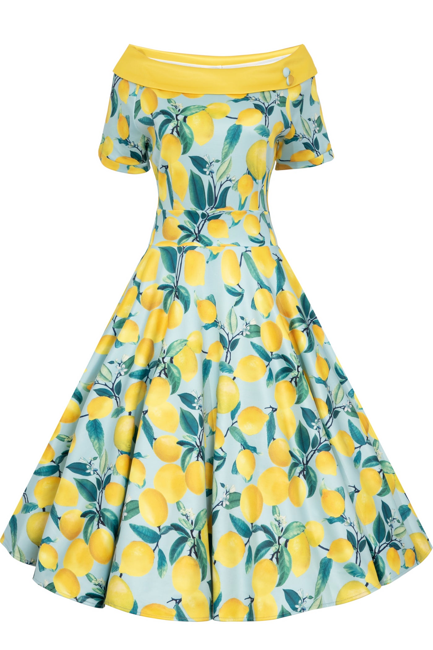 Darlene Off-Shoulder Vintage Dress in Blue/Yellow Lemon Print
