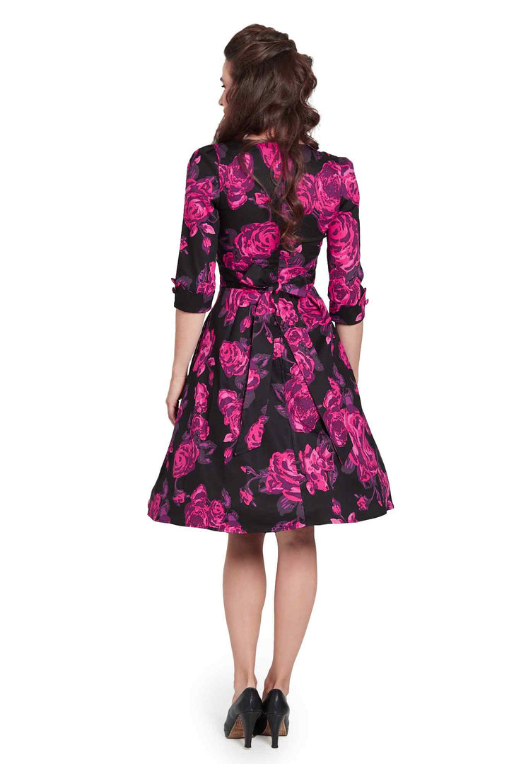 pink dress with black flowers Women's Long Sleeved Floral Swing Dress