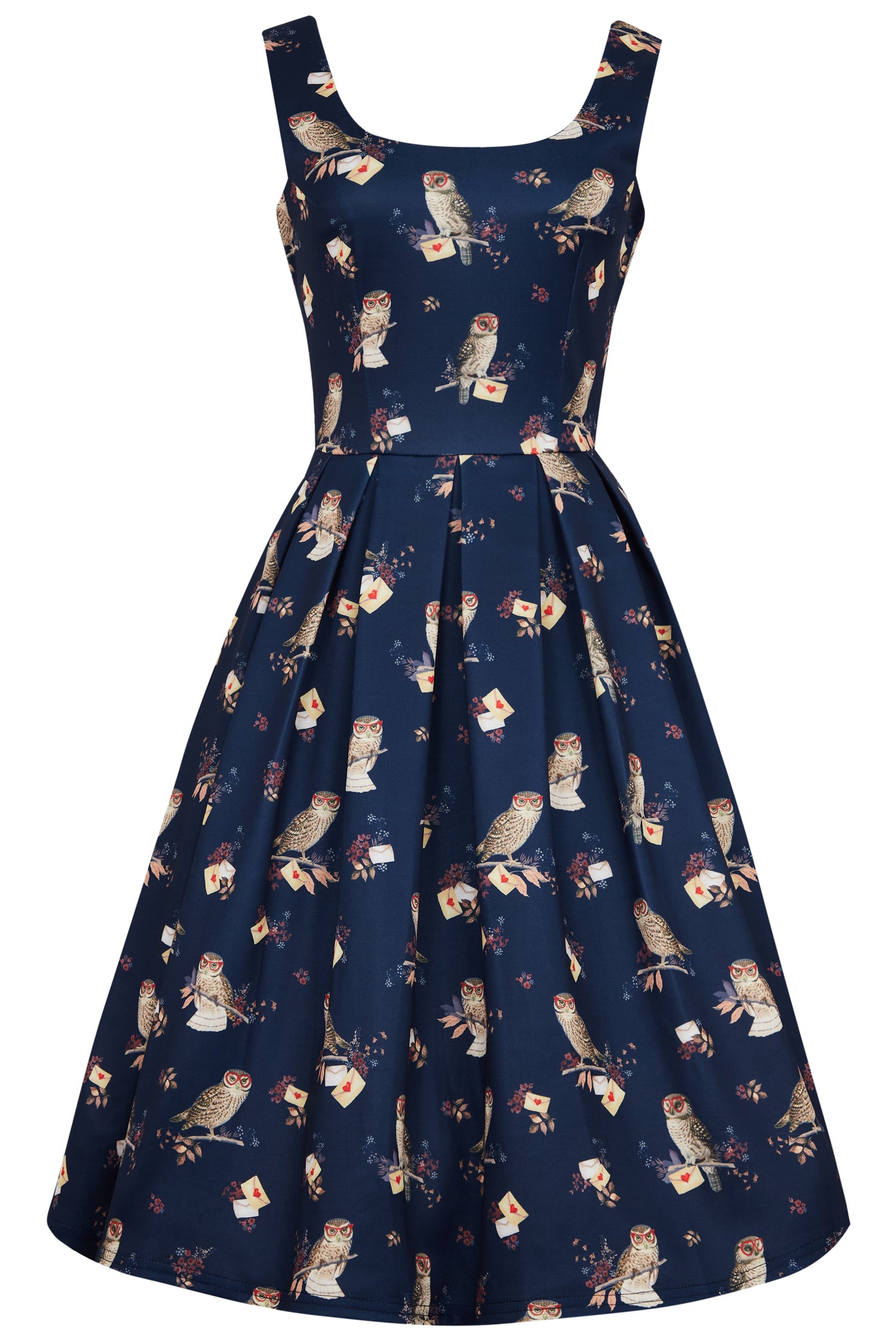 Amanda Flared Swing Dress in Dark Blue Owl & Letter Print Amanda Flared Swing Dress in Dark Blue Owl & Letter Print