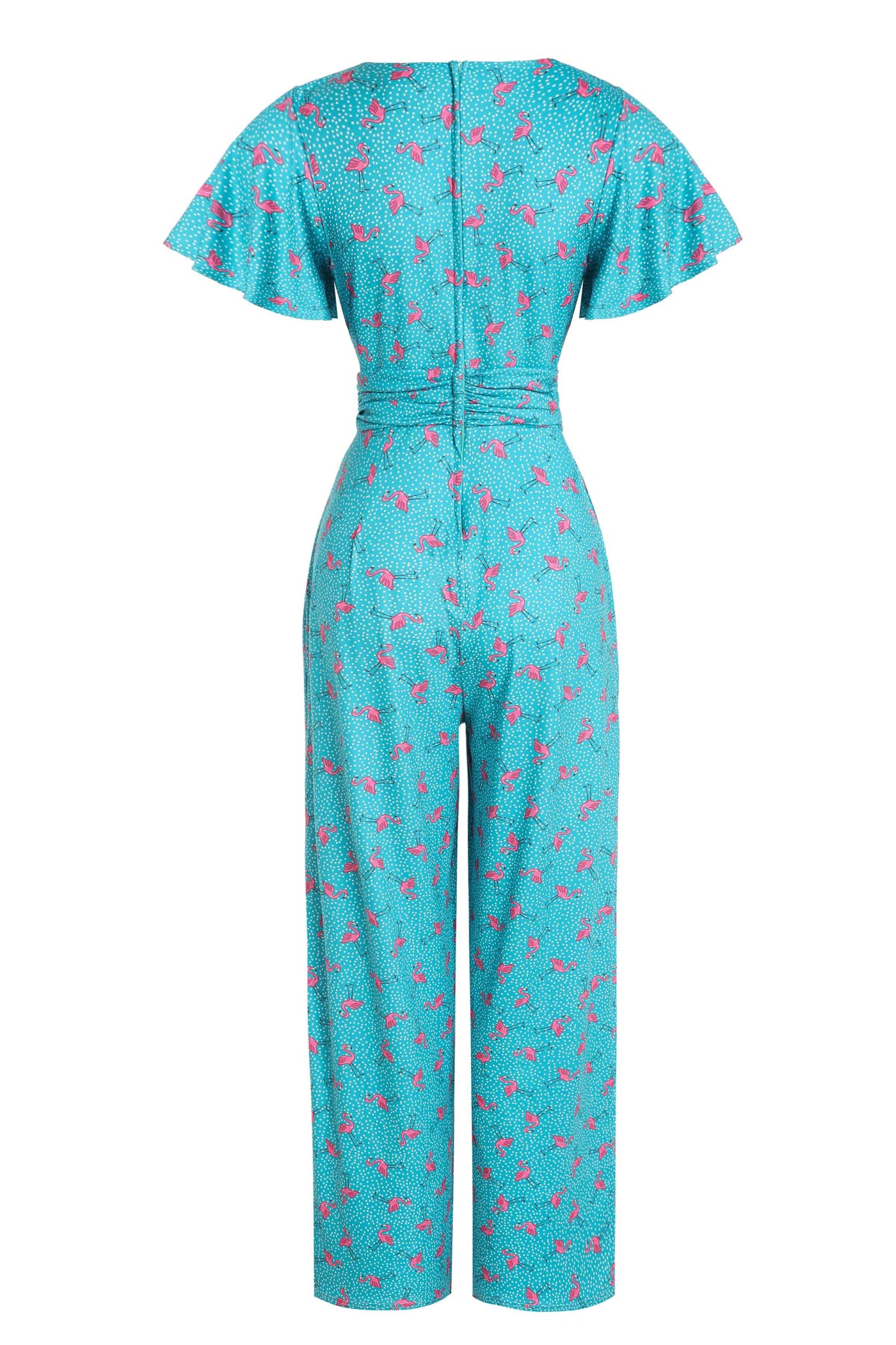 Back View of Women's Turquoise Jumpsuit In Flamingo and Pebble Print