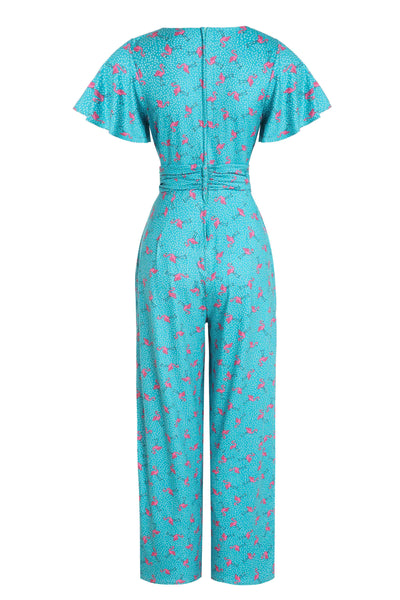 Back View of Women's Turquoise Jumpsuit In Flamingo and Pebble Print