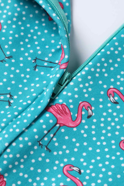 Close up View of Women's Turquoise Jumpsuit In Flamingo and Pebble Print