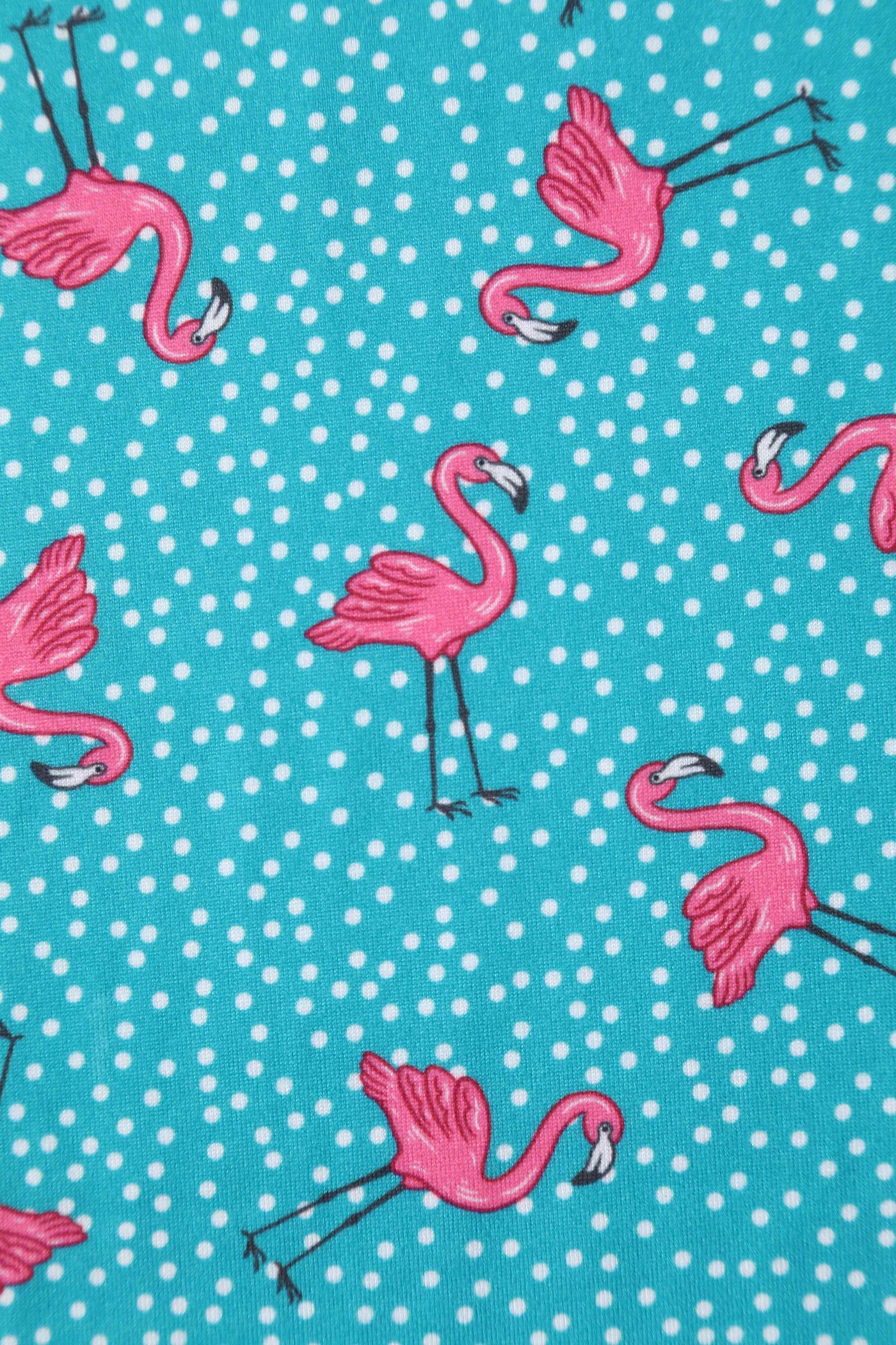 Close up View of Women's Turquoise Jumpsuit In Flamingo and Pebble Print
