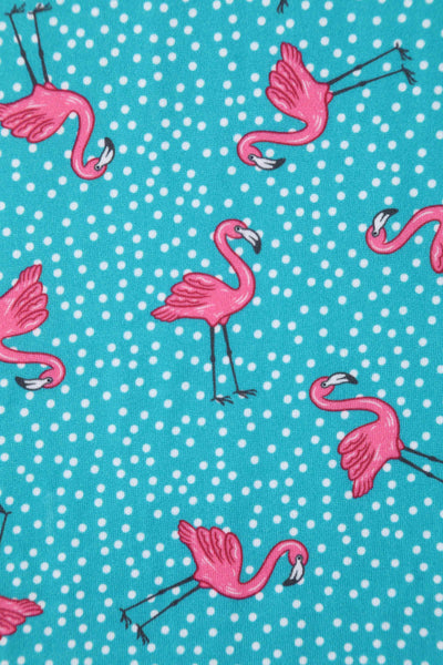 Close up View of Women's Turquoise Jumpsuit In Flamingo and Pebble Print