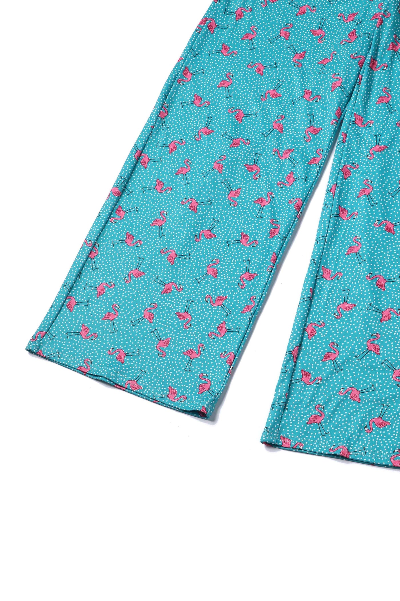 Close up View of Women's Turquoise Jumpsuit In Flamingo and Pebble Print