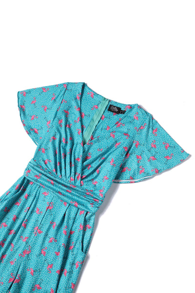 Close up View of Women's Turquoise Jumpsuit In Flamingo and Pebble Print