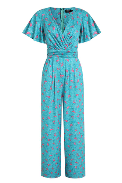 Front View of Women's Turquoise Jumpsuit In Flamingo and Pebble Print