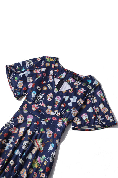 Close up view of Blue Wonderland Petal Sleeved Flared Tea Dress
