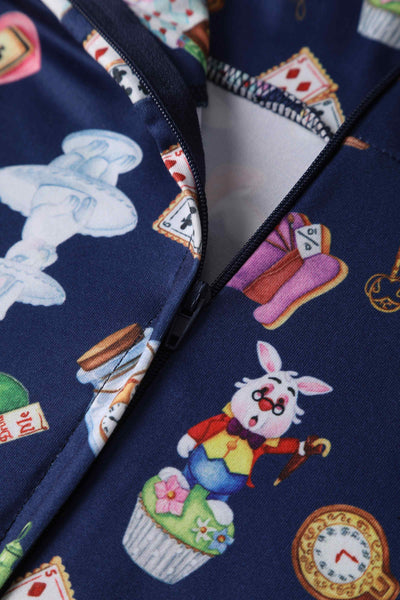 Close up view of Blue Wonderland Petal Sleeved Flared Tea Dress