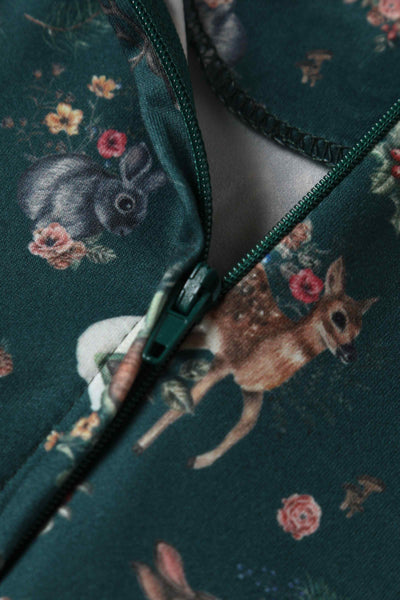 Close up view of view of Woodland Deer and Owl Dress in Green