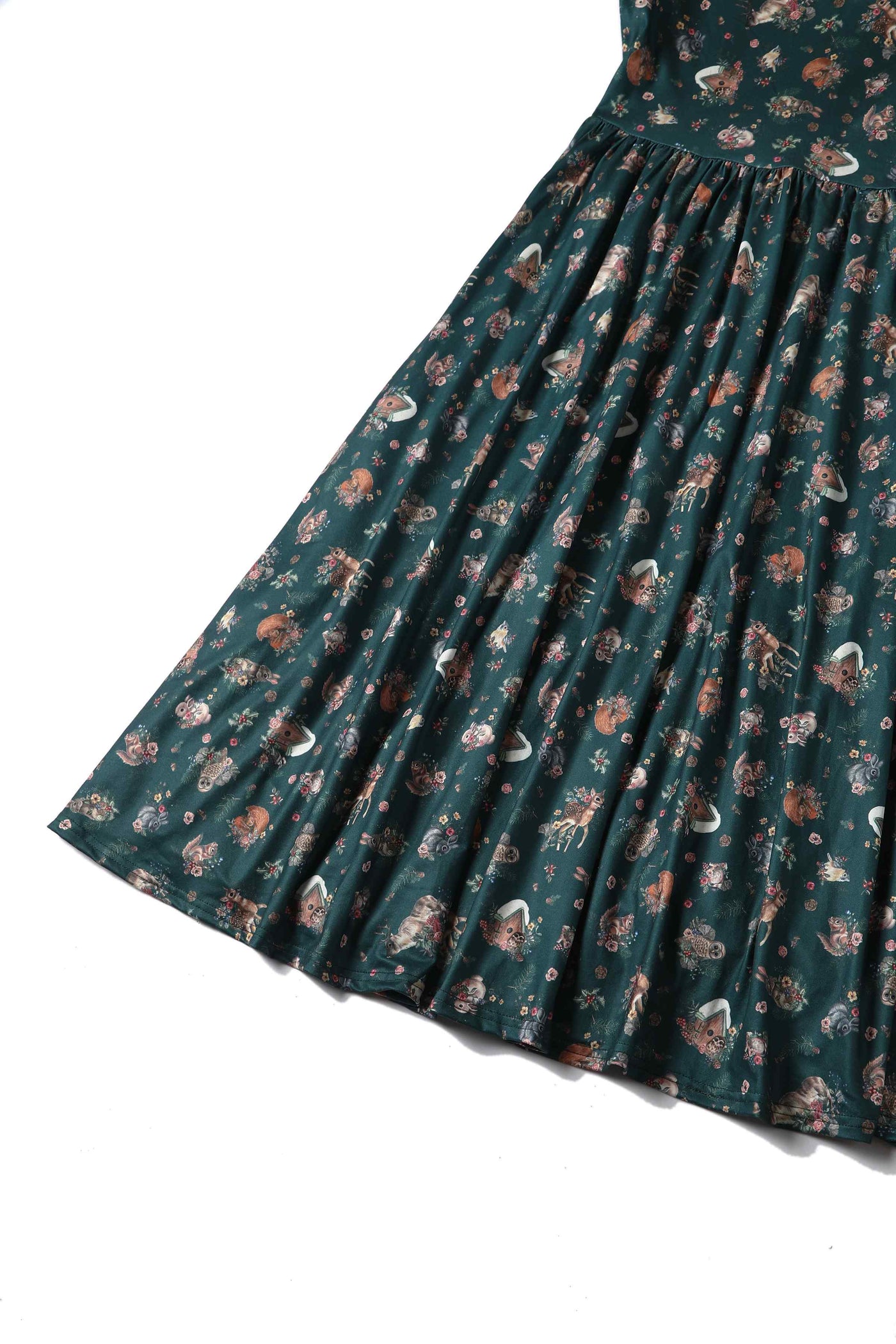 Close up view of view of Woodland Deer and Owl Dress in Green