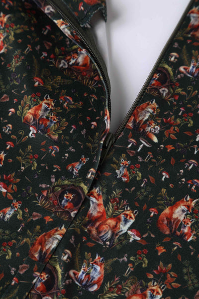 Close up View of Woodland Fox Den Print Dress in Brown