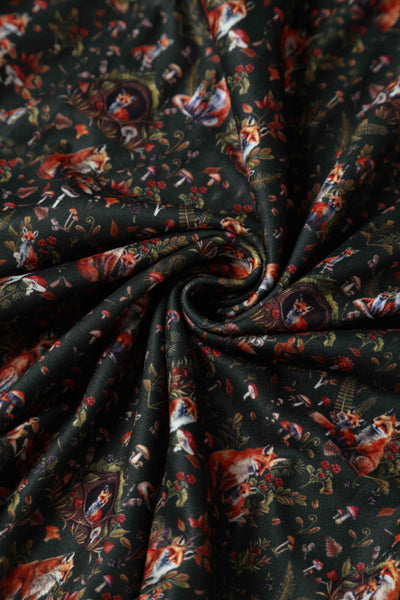 Close up View of Woodland Fox Den Print Dress in Brown