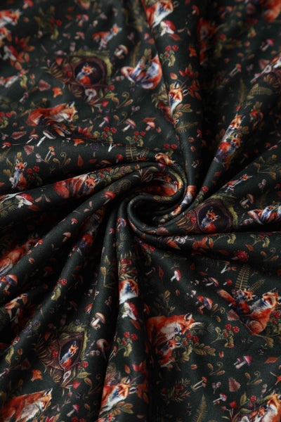 Close up View of Woodland Fox Den Print Dress in Brown