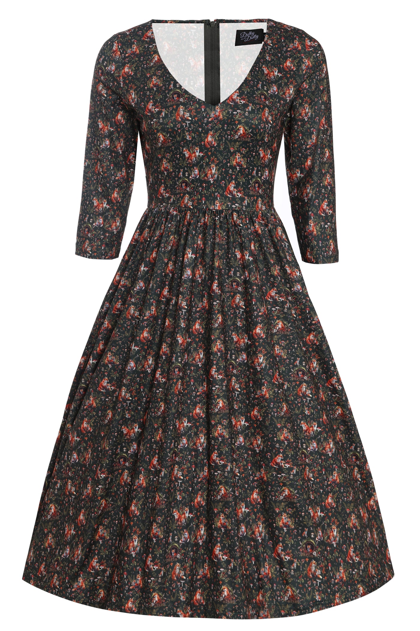 Front View of Woodland Fox Den Print Dress in Brown