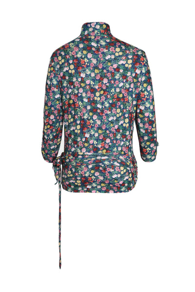 Back View of Wrap Around Blue Floral Rose Garden Top in Navy and Red