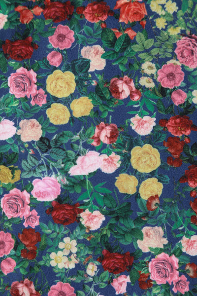 Close up View of Wrap Around Blue Floral Rose Garden Top in Navy and Red
