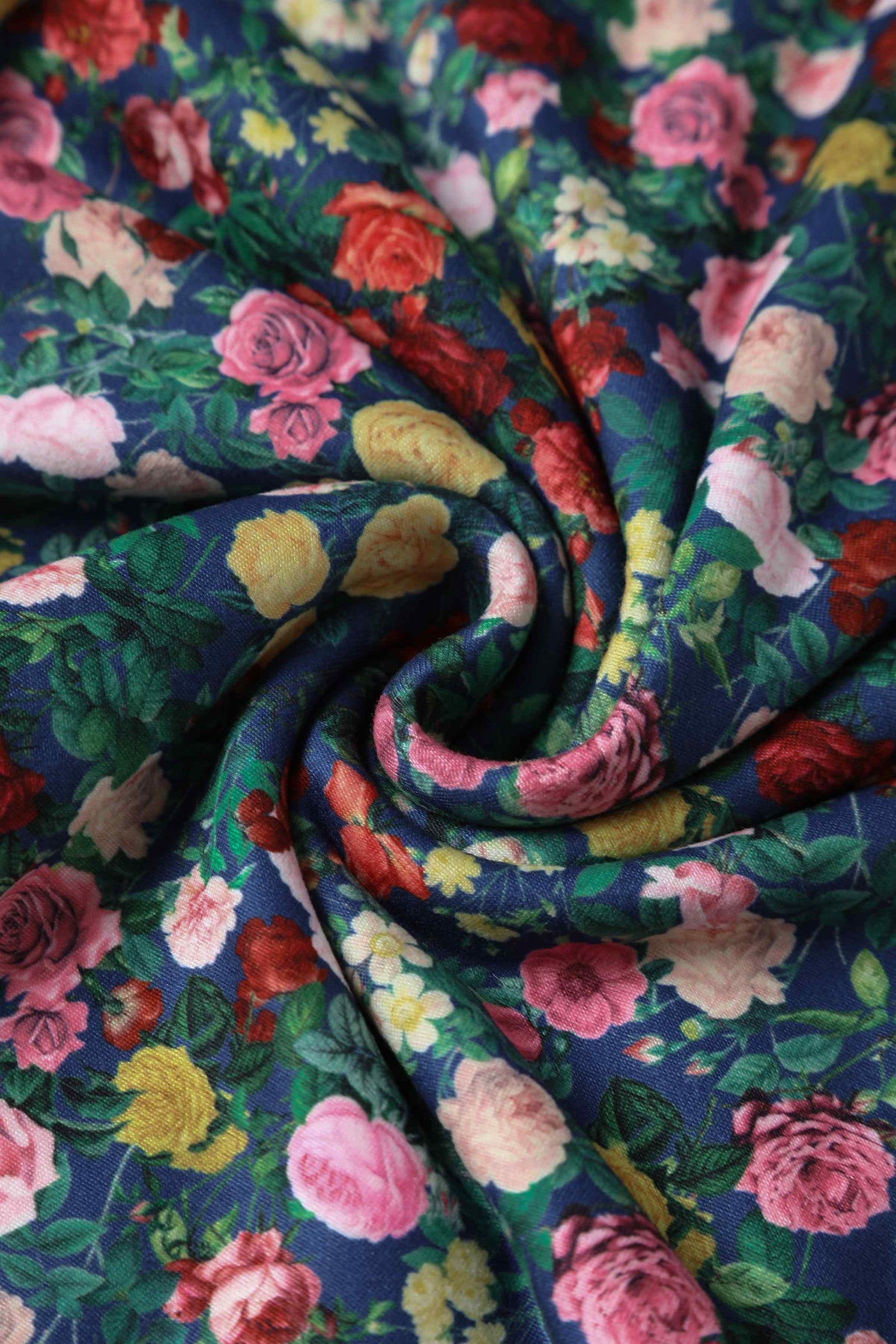 Close up View of Wrap Around Blue Floral Rose Garden Top in Navy and Red