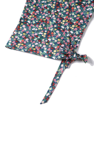 Close up View of Wrap Around Blue Floral Rose Garden Top in Navy and Red