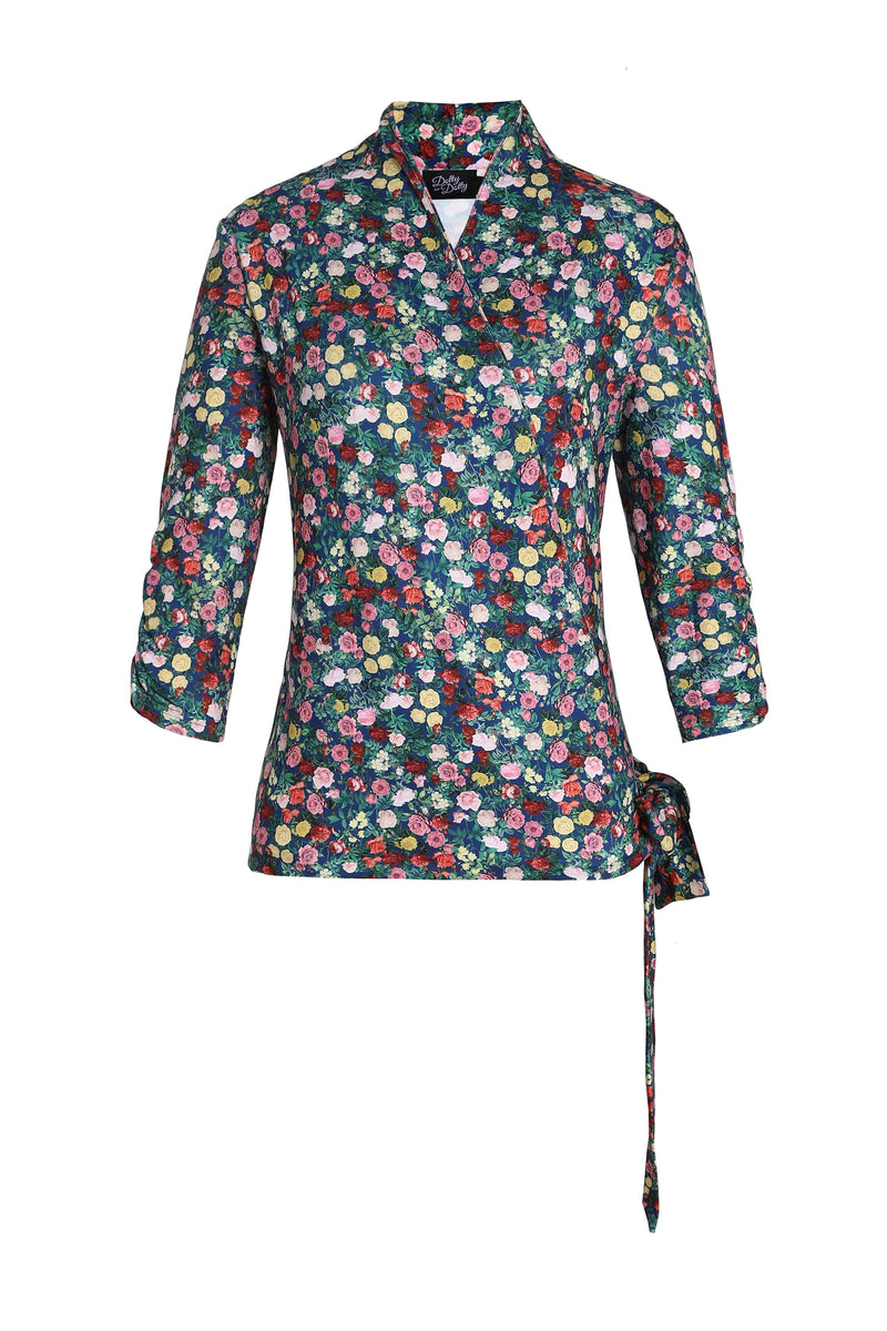 Front View of Wrap Around Blue Floral Rose Garden Top in Navy and Red