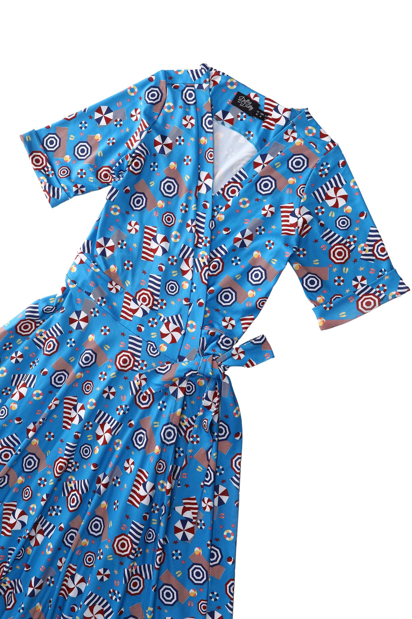 Close up view of the top of Matilda Wrap Dress In Blue Parasole Print
