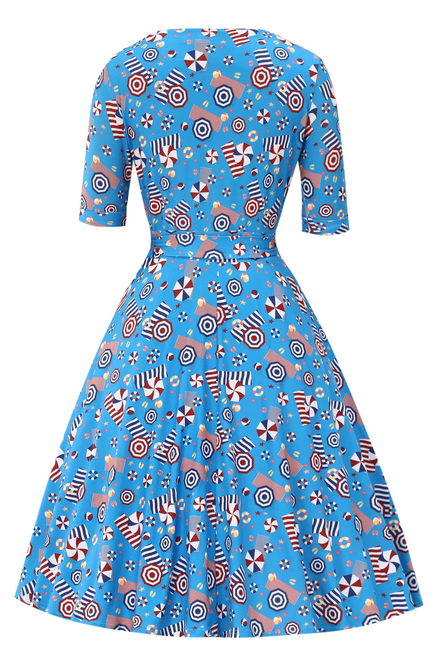 Back view of Matilda Wrap Dress In Blue Parasole Print