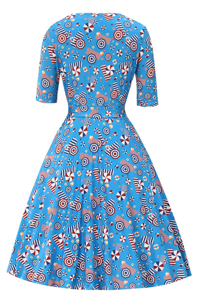 Back view of Matilda Wrap Dress In Blue Parasole Print