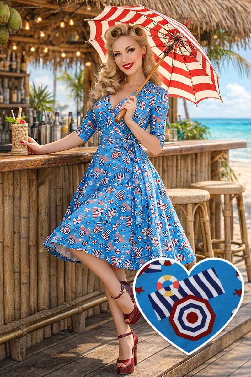 Nautical Wrap Dress In Blue Parasole Print Nautical Wrap Dress In Blue Parasole Print