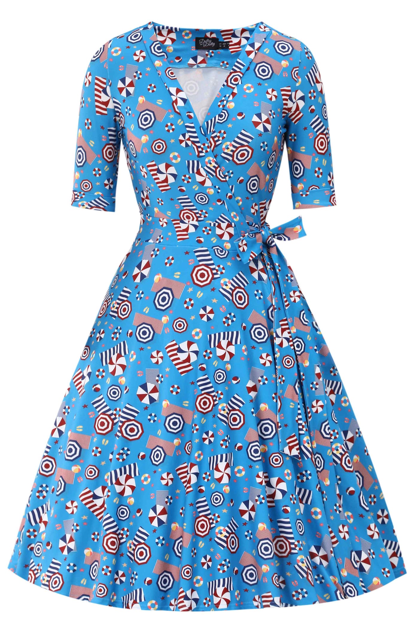 Front view of Matilda Wrap Dress In Blue Parasole Print