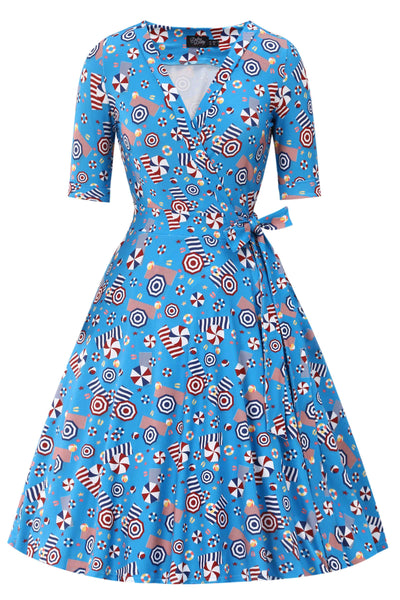 Front view of Matilda Wrap Dress In Blue Parasole Print