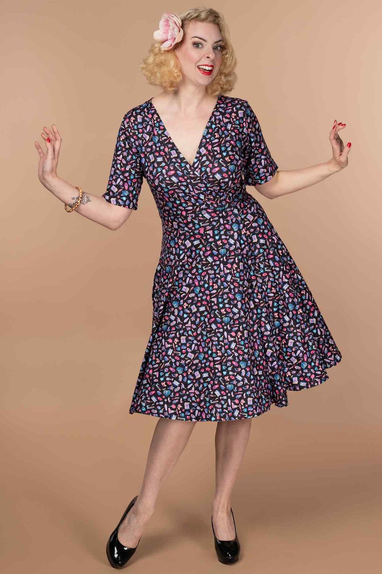 A lady wearing a Y2K Goth Punk Wrap Dress