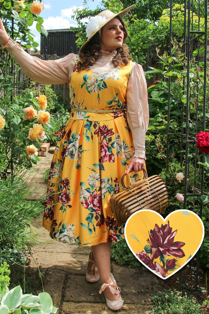 ワンピース Flower vintage dress yellow-floral-swing-dress-V950