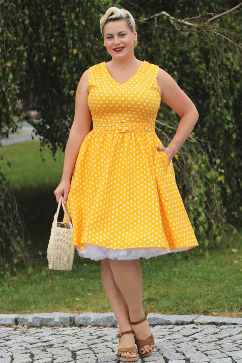 Model photo of Yellow Polka Dot Swing Dress