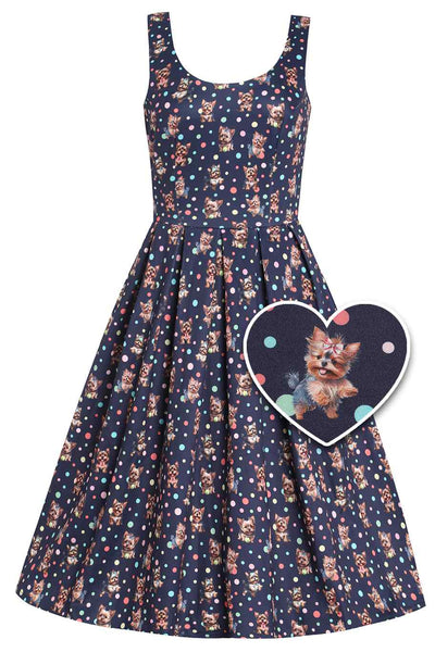 Front View of Yorkie Print Box Pleated Sleeveless Dress In Purple