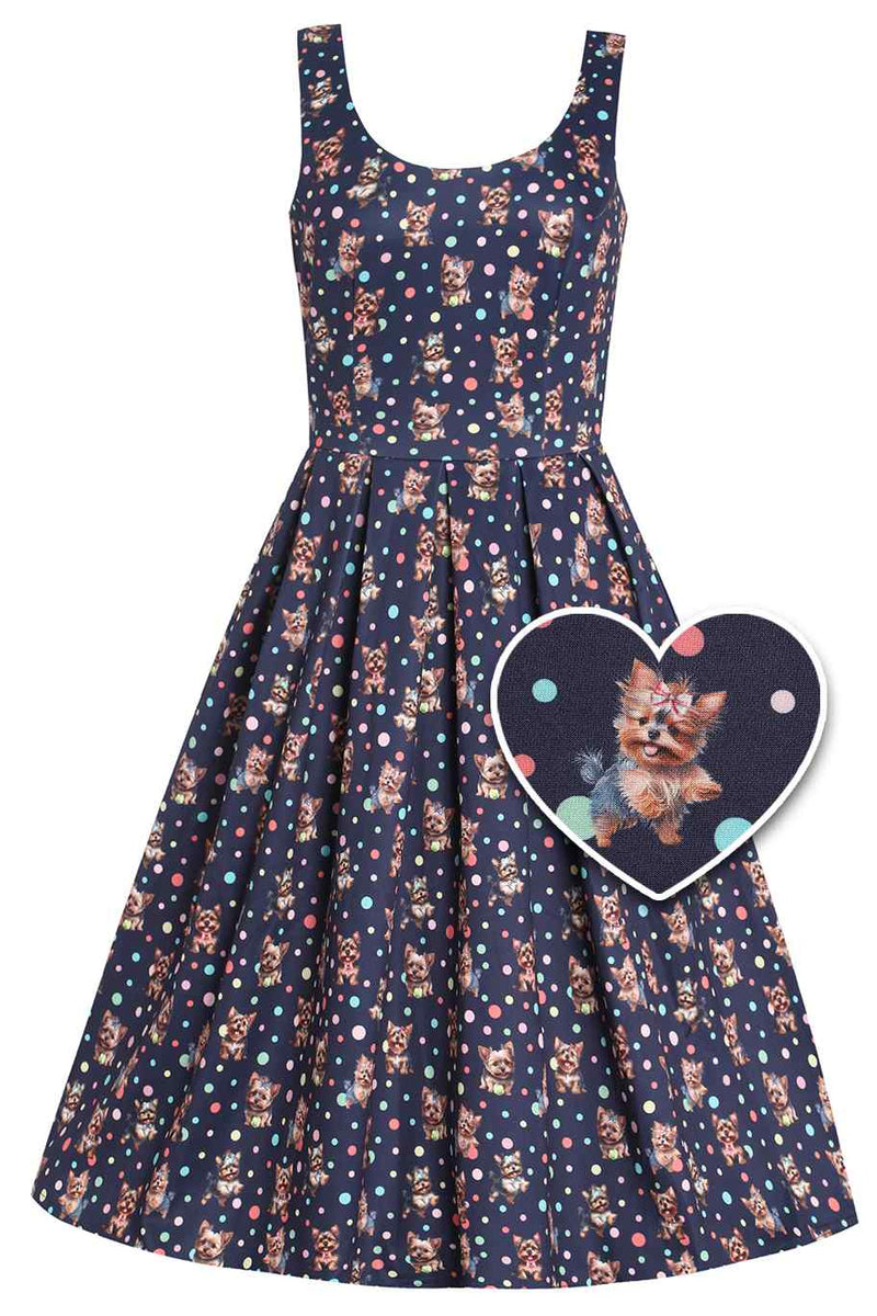 Front View of Yorkie Print Box Pleated Sleeveless Dress In Purple