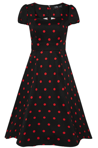 Claudia cap sleeve dress in black, with red polka dots, front view