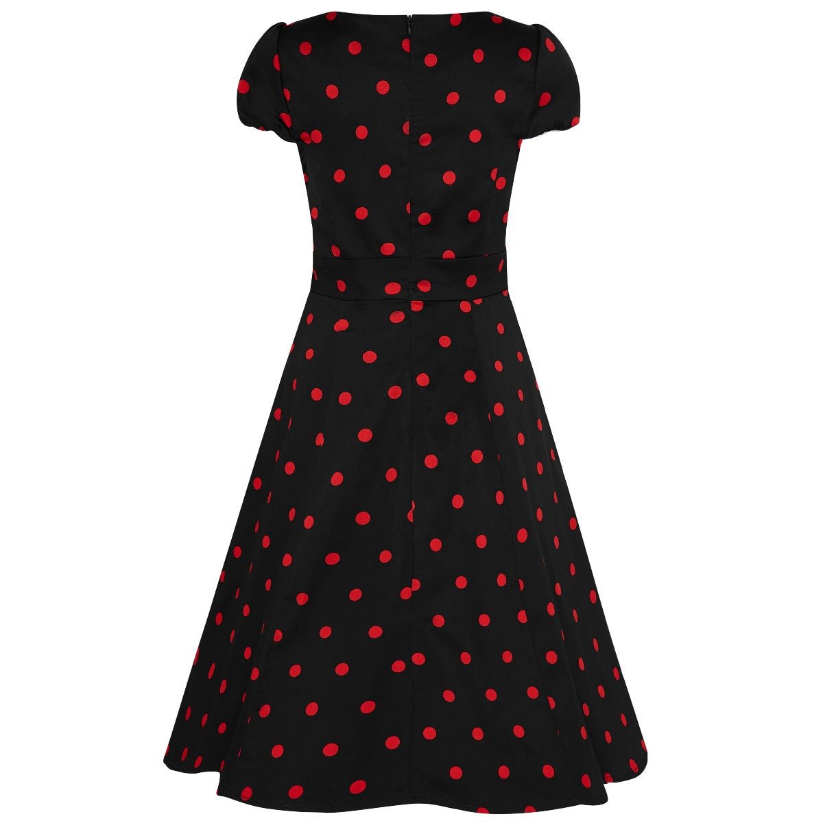 Claudia cap sleeve dress in black, with red polka dots, back view