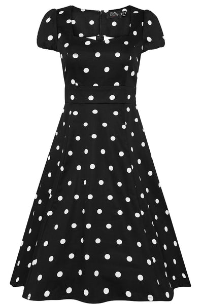 Claudia short sleeve swing dress, in black, with white polka dots, front view