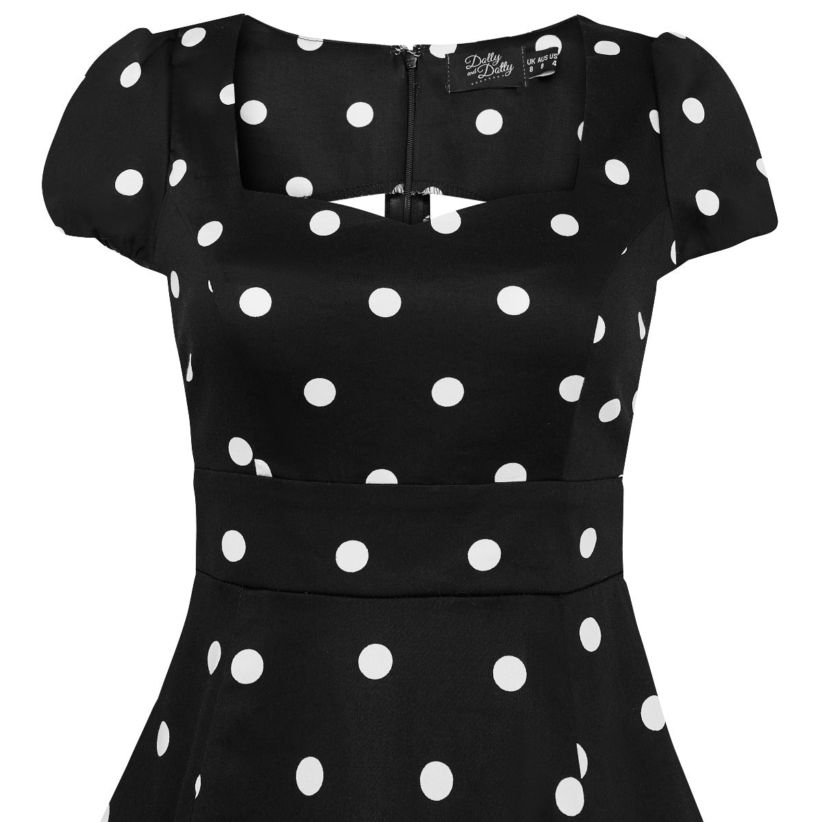 Claudia short sleeve swing dress, in black, with white polka dots, close up view