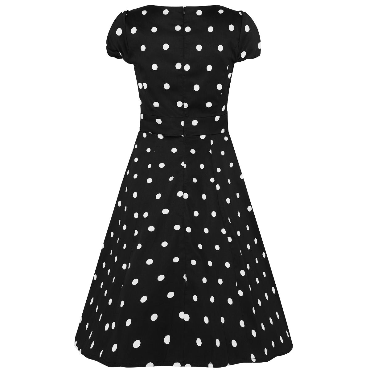 Claudia short sleeve swing dress, in black, with white polka dots, back view