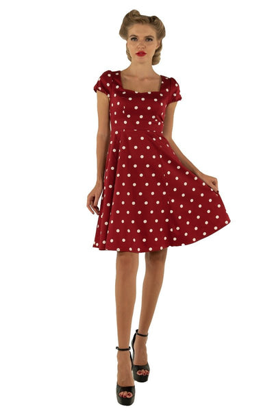 Claudia Fifties Style Polka Dot Dress In Burgundy-White