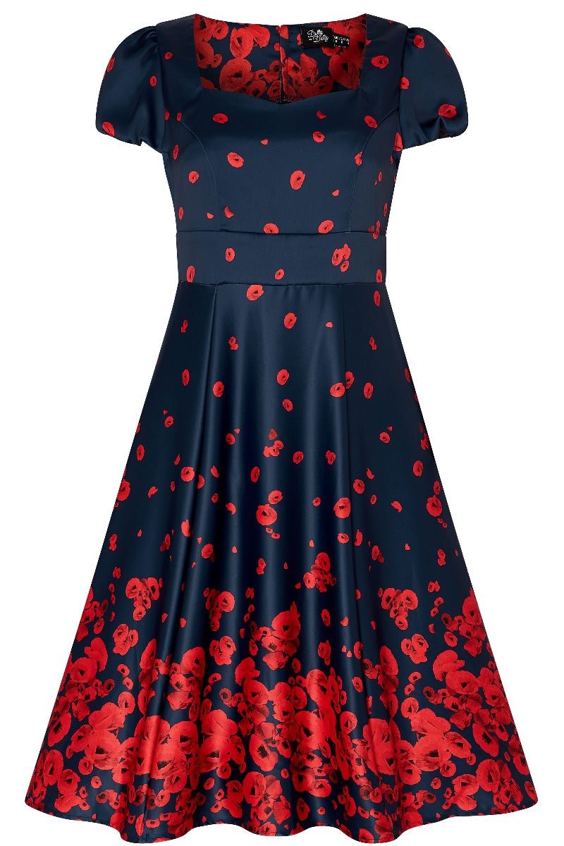 Claudia Cap Sleeve Poppy Floral Print Dress in Navy Blue-Red