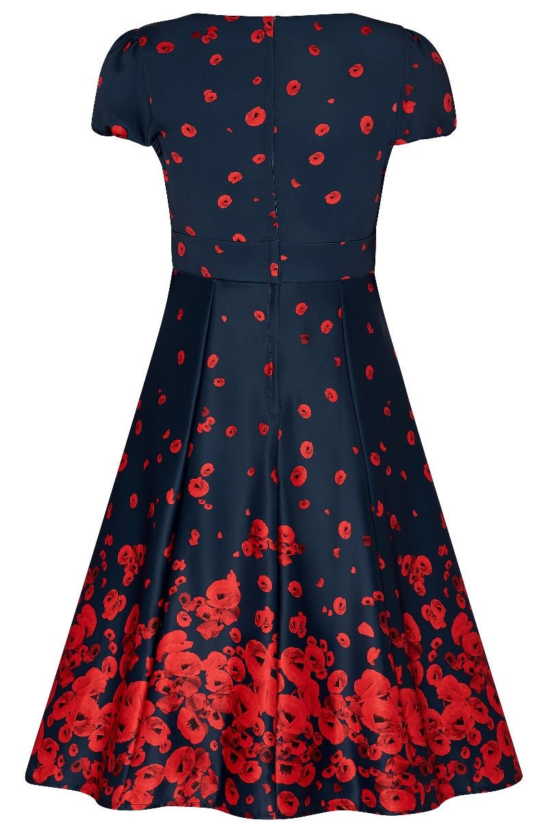 Claudia Cap Sleeve Poppy Floral Print Dress in Navy Blue-Red