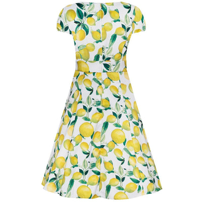 Claudia Flirty Fifties Style Dress in White and Yellow Lemons