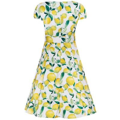 Claudia Flirty Fifties Style Dress in White and Yellow Lemons