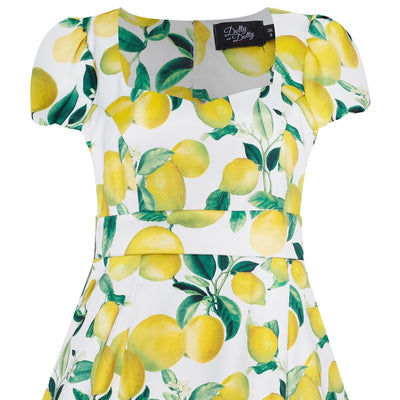 Claudia Flirty Fifties Style Dress in White and Yellow Lemons